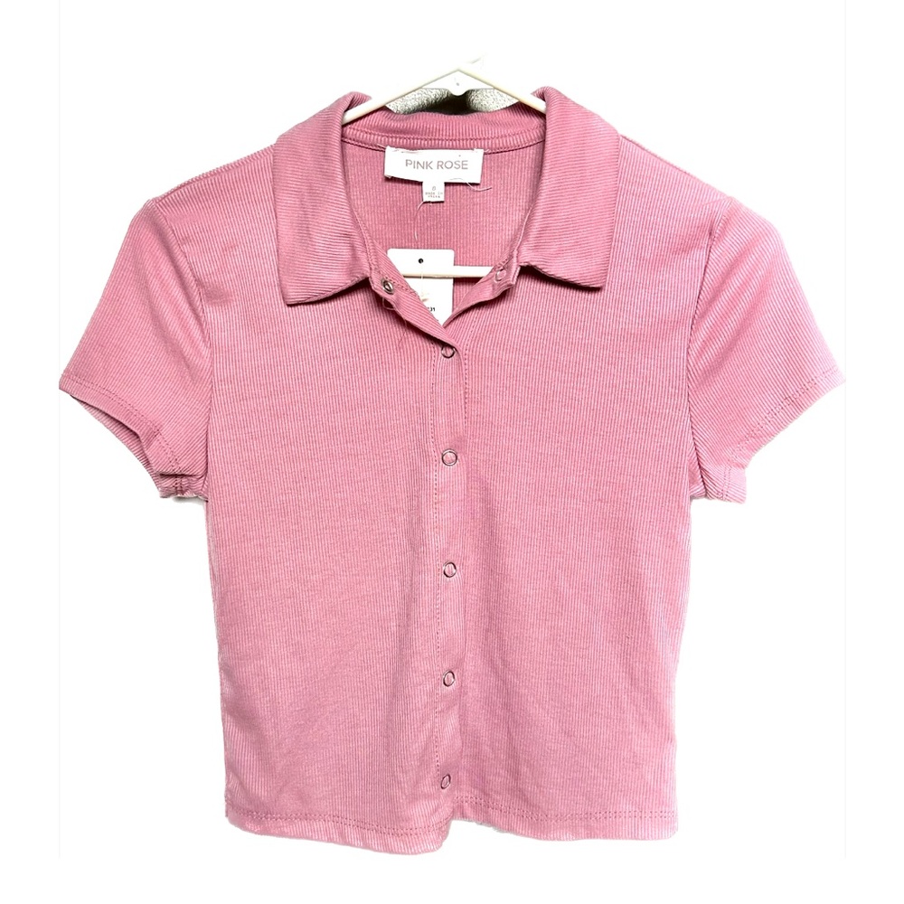 3/$25! Pink Button Down Collar Crop Top Polo